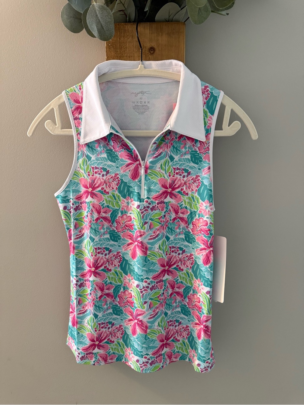 GOTTEX Pink Lily Floral Sleeveless Top w/White Collar & Front Zipper, XS, NWT